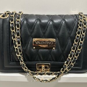 Valentino Black Quilted Shoulder Bag with Gold Chain